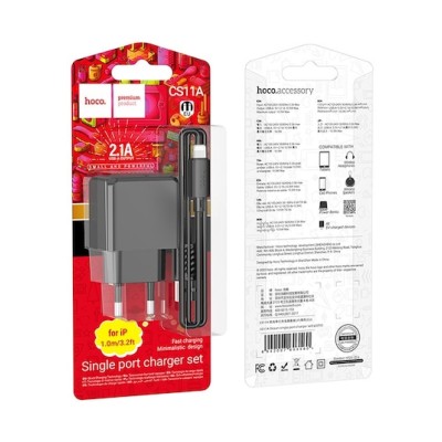 Сетевое зарядное устройство Hoco CS11A, 10 Вт, 2 А, USB-A, кабель Lightning в комплекте, белое