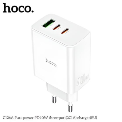 Incarcator retea Hoco C126A, 40W, 3 porturi (2x USB-C, 1x USB-A)