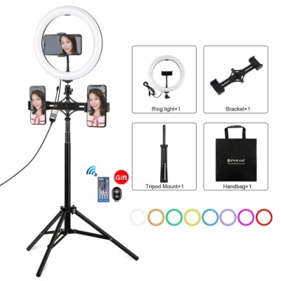 Set PULUZ PKT3055B: Trepied 1.65m + Inel LED RGB 26cm cu suport dublu